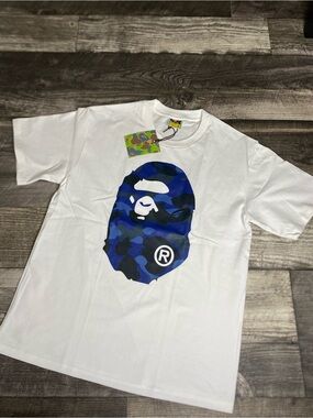Bape White Short-Sleeve Tee with Blue Camo Ape Head